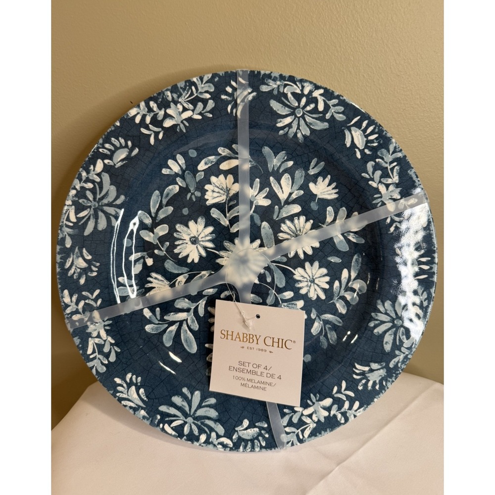 SHABBY CHIC MELAMINE Teal Spring Floral 10.5" Dinner Plate (SET OF 4) NEW W/TAGS